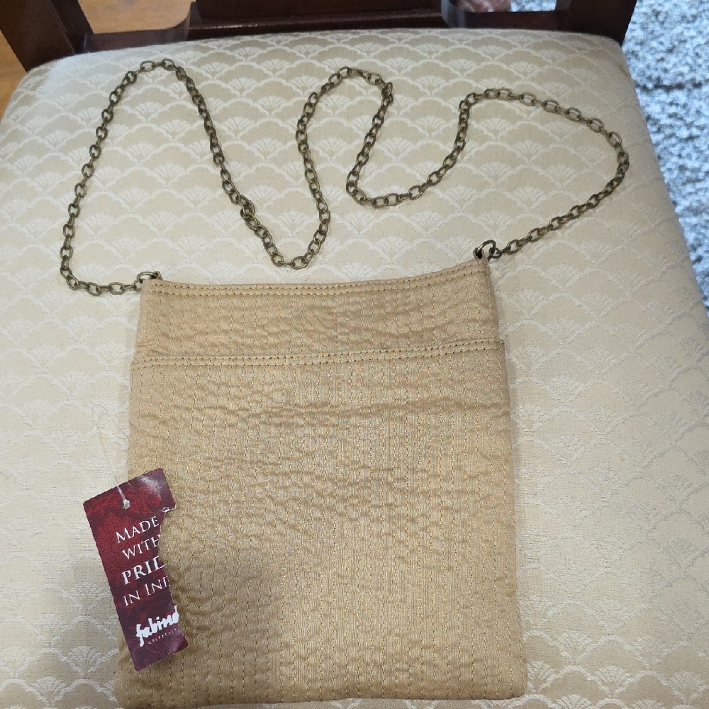 Tan Woven Shoulder Bag with Chain Strap